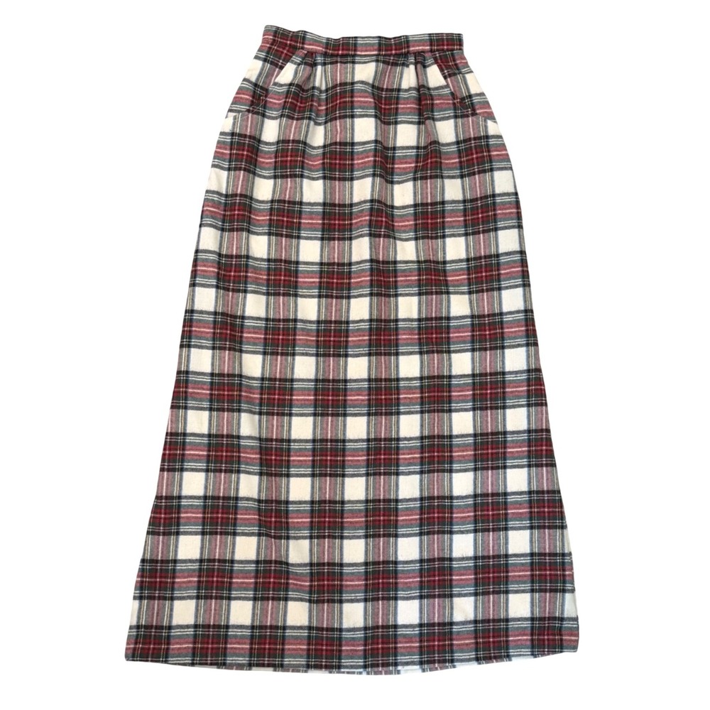 VTG 70s 80s Tartan Plaid Maxi Skirt Lined Pockets Red Cream Wool Blend XS Size 8